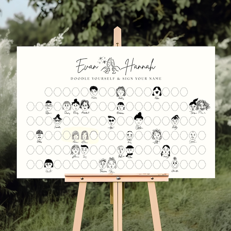 May include: A white sign on a wooden easel with the text "Evan & Hannah" and "Doodle Yourself & Sign Your Name." The sign features doodle portraits and blank circles for signatures, perfect for a wedding or event.