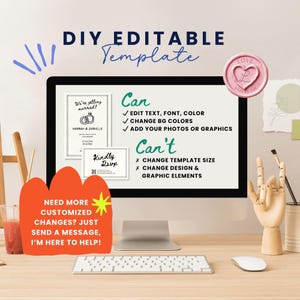 May include: A computer monitor displays a DIY editable wedding invitation template. The screen shows sample invitation designs and lists customizable features: edit text, font, color, and add photos. The image also includes a keyboard, mouse, and a decorative seal.
