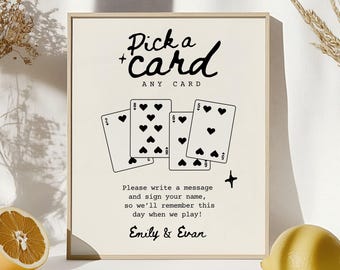 Placa para livro de visitas com baralho rosa, placa para livro de visitas de pôquer, carta de baralho para casamento, livro de visitas exclusivo para casamento, modelo de placa para escolher uma carta, W46
