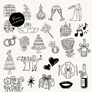 May include: Black and white line art illustrations of wedding-related icons, including a church, champagne glasses, wedding rings, a cake, and a bride and groom. The image also includes the text "free icons" in a black circle.