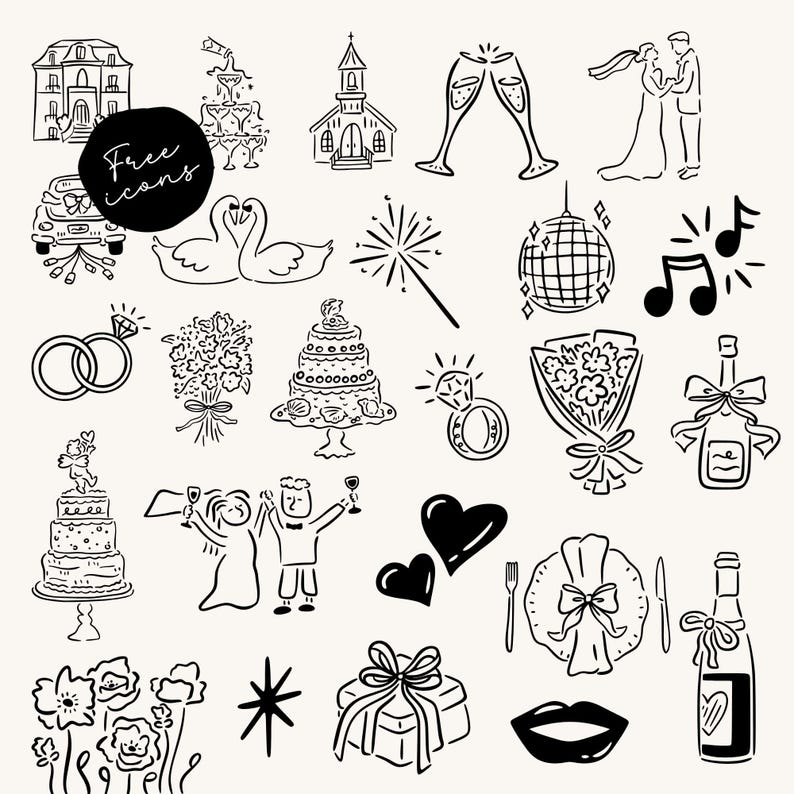 May include: Black and white line art illustrations of wedding-related icons, including a church, champagne glasses, wedding rings, a cake, and a bride and groom. The image also includes the text "free icons" in a black circle.