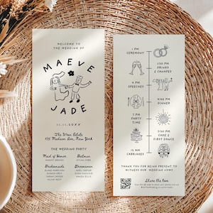 Könnte beinhalten: Ein cremefarbenes Hochzeitsprogramm mit schwarzem Aufdruck. Die Vorderseite zeigt den Text Welcome to the wedding of Maeve and Jade, eine Cartoon-Illustration eines Paares, das Datum 11.11.20XX und die Hochzeitsgesellschaft. Die Rückseite zeigt einen Zeitplan.