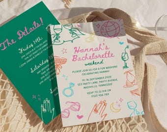 Whimsical Bachelorette Invitations, Bachelorette Weekend Itinerary Template, Bachelorette Digital Invite, Hen Night Party, Hand Drawn Invite