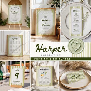 May include: A selection of wedding signs featuring a green and white striped pattern. The signs include a welcome sign, seating chart, menu, table number, signature drinks, and place cards. The signs have a wooden frame and the text "Harper Collection Wedding Sign Bundle".