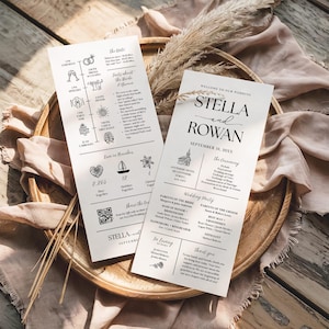 May include: Two white wedding programme cards with black text and line art illustrations. The programmes feature the names Stella and Rowan, a wedding timeline, a list of the wedding party, a thank you note, and a QR code for sharing photos.