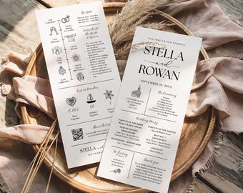 May include: Two white wedding program cards with black text and line art illustrations. The programs feature the names Stella and Rowan, a wedding timeline, a list of the wedding party, a thank you note, and a QR code for sharing photos.