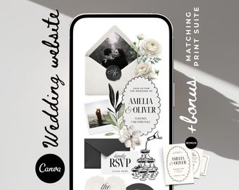 Ivoor en zwarte bloemen trouwwebsite met RSVP, klassieke huwelijksuitnodiging, digitale bruiloft uitnodiging