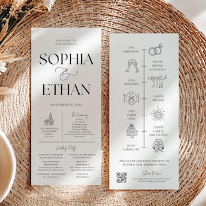 May include: Two white wedding programme cards with black text and line art illustrations. The left card lists the couple's names, Sophia and Ethan, the date, ceremony details, and wedding party. The right card displays a timeline of events with icons.