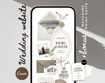 Site de casamento vintage com conchas e confirmação de presença, convite digital clássico em envelope marfim, casamento na praia.