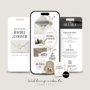 May include: A digital wedding website template displayed on a smartphone and two side panels, featuring coastal themes with seashells, a seagull, and a champagne tower. The text includes names Rachel and Oliver, RSVP, Details, and Our Story.