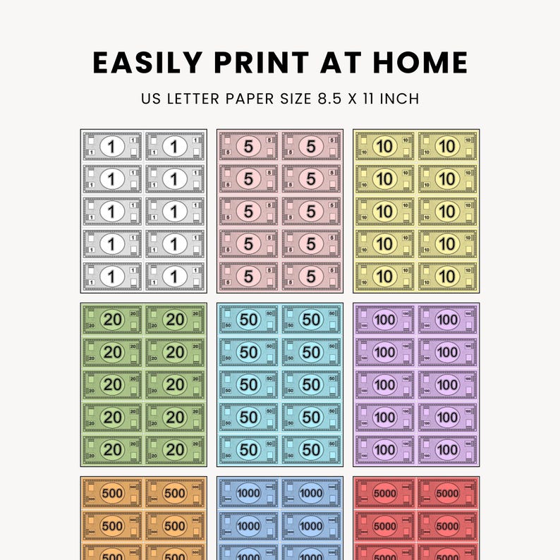 K&ouml;nnte beinhalten: Druckbare Spielgeldbl&auml;tter in verschiedenen St&uuml;ckelungen, darunter 1, 5, 10, 20, 50, 100, 500, 1000 und 5000. Der Text "EASILY PRINT AT HOME" und "US LETTER PAPER SIZE 8.5 X 11 INCH" ist oben zu sehen.