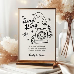 Modelo de placa de livro de visitas de áudio caprichoso para placa de mesa de casamento, livro de visitas de casamento de correio de voz minimalista ilustrado, placa de telefone de casamento, W006