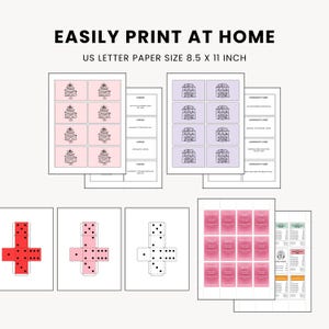 K&ouml;nnte beinhalten: Eine Sammlung von druckbaren Spielkomponenten, darunter Karten, W&uuml;rfelvorlagen und Spielbretter. Der Text "EASILY PRINT AT HOME" und "US LETTER PAPER SIZE 8,5 x 11 Zoll" wird angezeigt. Die Farbpalette umfasst Rosa, Lila und Wei&szlig;.
