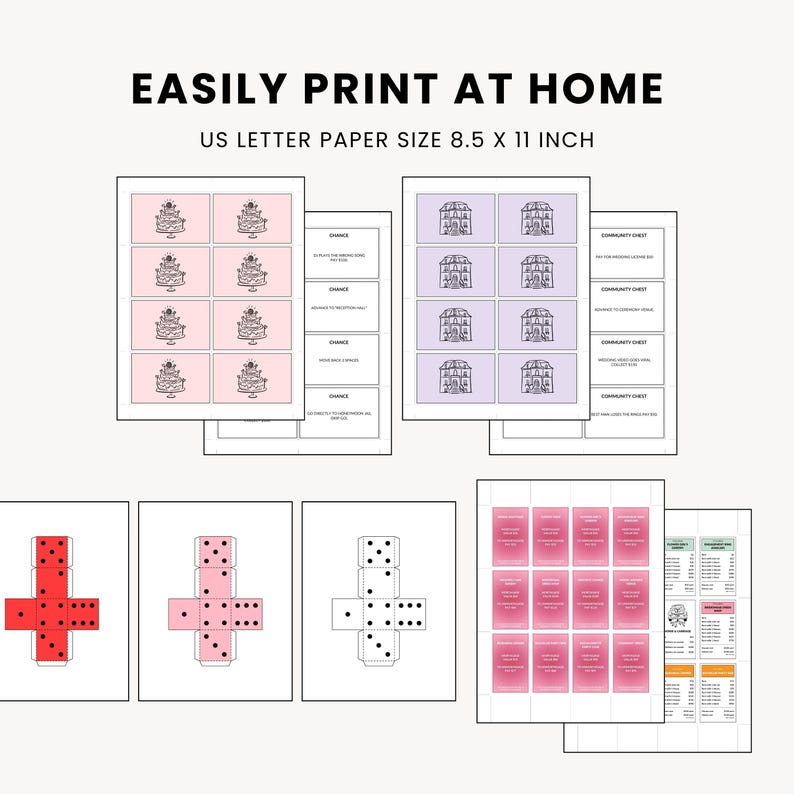 K&ouml;nnte beinhalten: Eine Sammlung von druckbaren Spielkomponenten, darunter Karten, W&uuml;rfelvorlagen und Spielbretter. Der Text "EASILY PRINT AT HOME" und "US LETTER PAPER SIZE 8,5 x 11 Zoll" wird angezeigt. Die Farbpalette umfasst Rosa, Lila und Wei&szlig;.