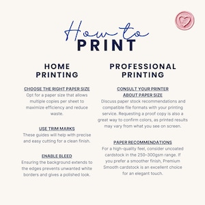 May include: A guide titled "How to Print" with instructions for home and professional printing. The text includes advice on paper size, trim marks, and bleed. A pink heart-shaped seal is in the upper right corner.