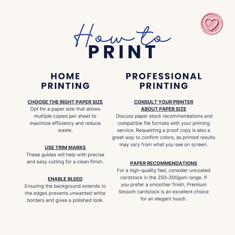 May include: A guide titled "How to Print" with instructions for home and professional printing. The text includes advice on paper size, trim marks, and bleed. A pink heart-shaped seal is in the upper right corner.