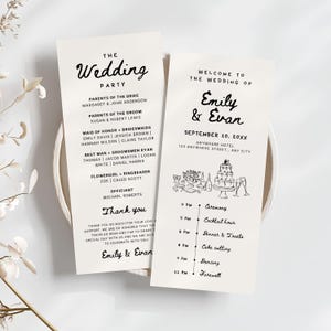 Può includere: Due biglietti del programma di nozze con testo nero su sfondo bianco. La carta di sinistra recita "The Wedding Party" con i nomi degli invitati. La carta di destra dice "Welcome to the Wedding of Emily & Evan" con la data e una timeline.