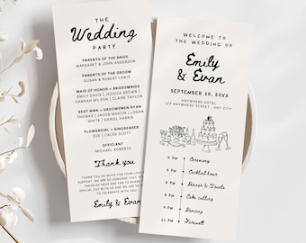 May include: Two wedding program cards with black text on a white background. The left card reads "The Wedding Party" with guest names. The right card says "Welcome to the Wedding of Emily & Evan" with the date and a timeline.