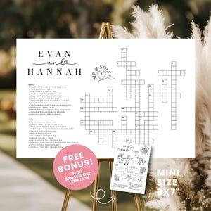 May include: A white wedding crossword puzzle with the names "Evan and Hannah" at the top. The puzzle includes clues and a smaller, mini crossword template. A pink circle with "Free Bonus! Mini Crossword Template" is on the left.