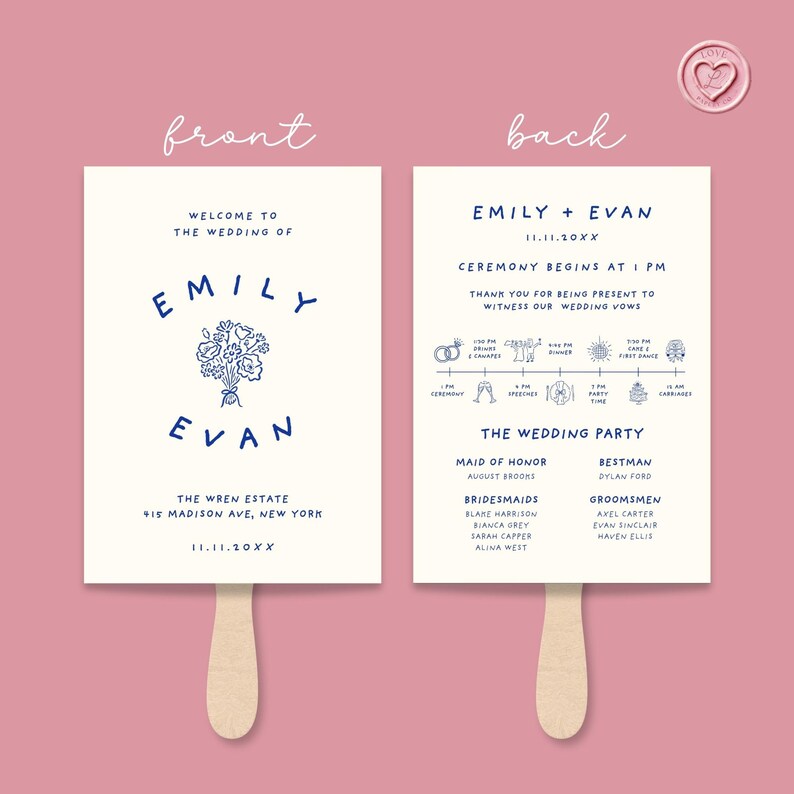 May include: A double-sided wedding fan with a cream-colored background and navy blue text. The front features the names "Emily" and "Evan" with a floral illustration. The back includes the ceremony timeline and wedding party details.