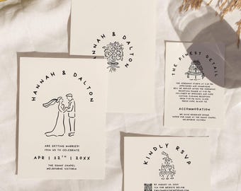 Wedding Suite Hand Drawn Template, Scribble Illustrations, Handwritten Wedding Invitation RSVP, Unique Doodle Illustrated Wedding Invites