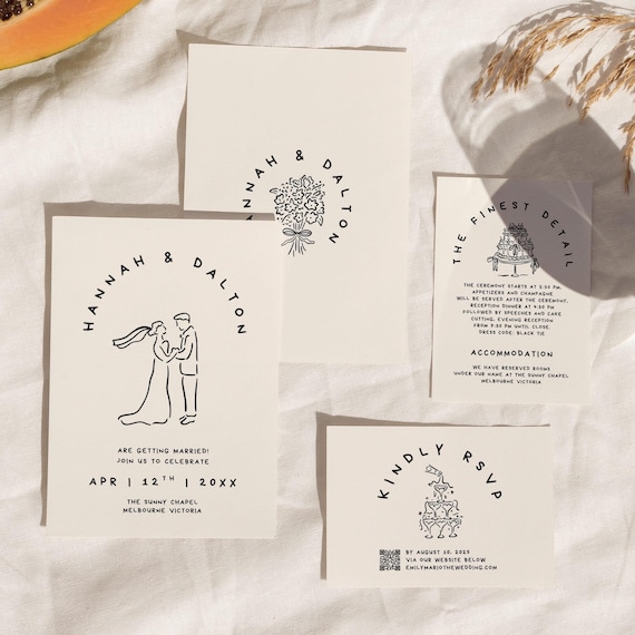 Wedding Suite Hand Drawn Template, Scribble Illustrations, Handwritten Wedding Invitation RSVP, Unique Doodle Illustrated Wedding Invites