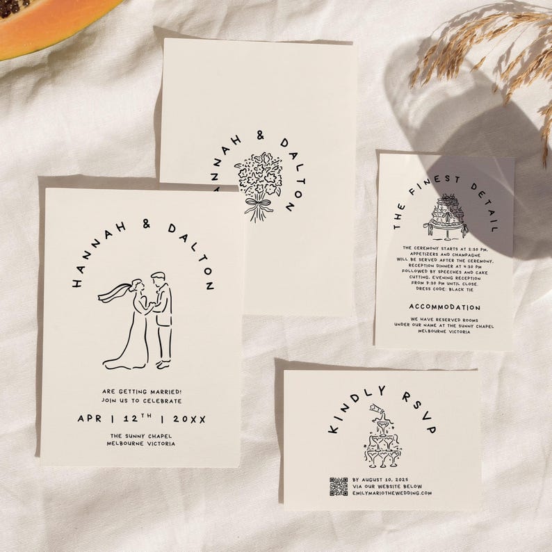 May include: Off-white wedding invitation suite with black text and illustrations. The suite includes an invitation with a couple illustration, RSVP card, details card, and a card with a floral design. The text includes the names Hannah & Dalton.
