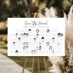 May include: A white sign on a gold easel with the names "Evan & Hannah" and the text "Doodle Yourself & Sign Your Name." The sign features a grid of blank circles with doodle portraits.