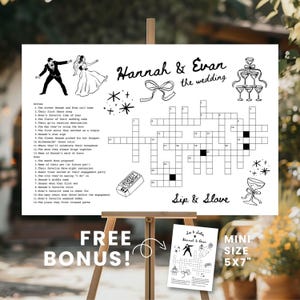 May include: A white wedding crossword puzzle on an easel, featuring the names "Hannah & Evan" and the phrase "Sip & Slove." Includes illustrations of a bride and groom, champagne glasses, and a small bonus crossword.