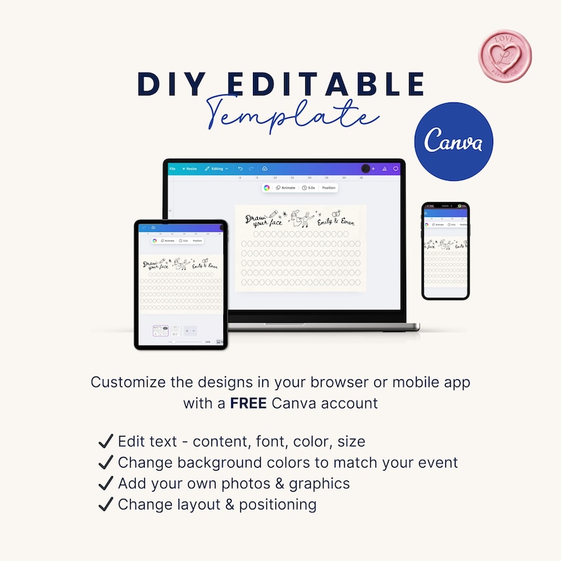 May include: A digital template design displayed on a laptop, tablet, and smartphone. The template features the text "Draw your face" and a series of blank spaces. The image also includes the Canva logo and the words "DIY Editable Template."