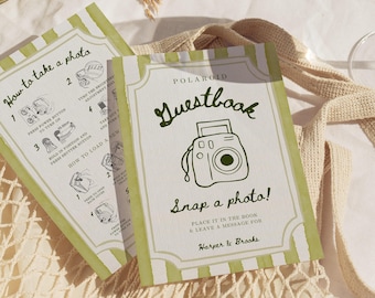 Sjabloon polaroid-gastenboekbord met Instax-instructies, alternatief bruiloftsgastenboek