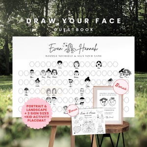 Może przedstawiać: Biały znak księgi gości z napisem DRAW YOUR FACE GUESTBOOK oraz Evan i Hannah. Zawiera rzędy pustych kółek do rysowania twarzy i podpisywania się. W zestawie dodatkowy znak w ramce oraz podkładka z zajęciami dla dzieci z ilustracjami.