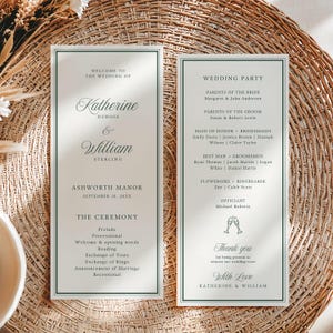 May include: Two rectangular wedding programme cards with off-white paper and dark green borders. The text includes the names Katherine Dubois and William Sterling, the date September 10, 20XX, a ceremony outline, a wedding party list, and a thank you note.