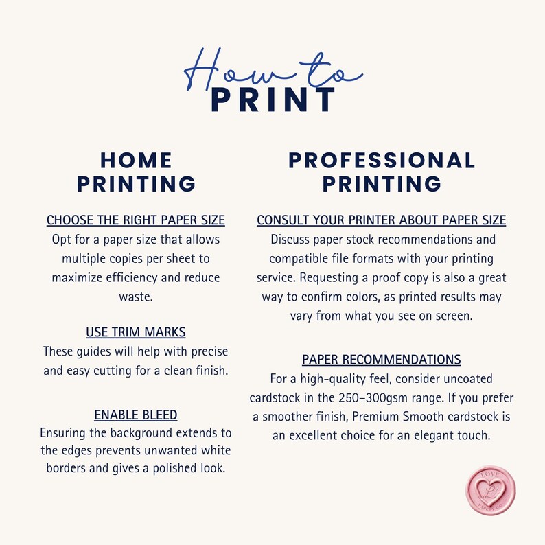 Pode incluir: Um guia para imprimir em casa ou profissionalmente. O guia inclui dicas sobre como escolher o tamanho de papel certo, usar marcas de corte e habilitar o sangramento. Tamb&eacute;m inclui recomenda&ccedil;&otilde;es para o tipo de papel e os formatos de arquivo para impress&atilde;o profissional.