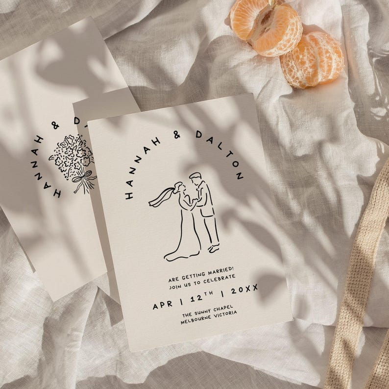 May include: Two cream-colored wedding invitations with black line art of a bride and groom, and a floral bouquet. The text reads "Hannah & Dalton" and "Are getting married! Join us to celebrate" with the date and location.