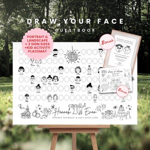 Könnte beinhalten: Ein weißes Gästebuch-Poster mit dem Titel DRAW YOUR FACE GUESTBOOK, das Reihen leerer Kreise für handgezeichnete Porträts und Unterschriften enthält, sowie Illustrationen einer Discokugel, einer Kirche, Ringen, eines Cupidos und einer Hochzeitstorte.