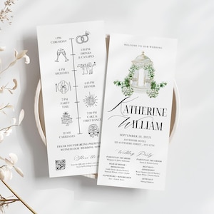 Puede incluir: Dos tarjetas de programa de boda blancas con texto y dibujos lineales en negro. Una tarjeta muestra un cronograma de eventos con iconos, mientras que la otra presenta los nombres Katherine y William, una ilustración de glorieta y detalles.