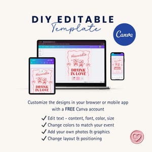 Pode incluir: Uma maquete digital mostrando um modelo personaliz&aacute;vel para um convite de festa. O modelo apresenta um design rosa e vermelho com o texto "Hannah's Drunk in Love". O modelo pode ser editado usando Canva, uma plataforma de design online gratuita.