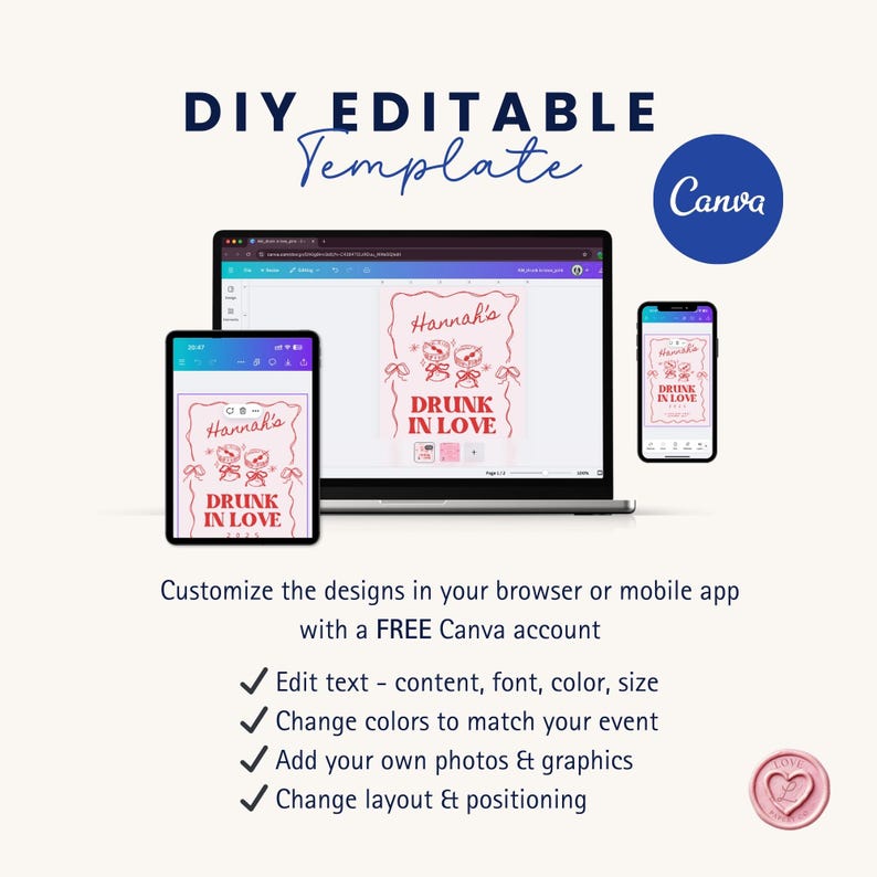 Pode incluir: Uma maquete digital mostrando um modelo personaliz&aacute;vel para um convite de festa. O modelo apresenta um design rosa e vermelho com o texto "Hannah's Drunk in Love". O modelo pode ser editado usando Canva, uma plataforma de design online gratuita.