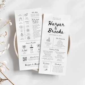 Puede incluir: Dos tarjetas de programa de boda blancas con texto negro e ilustraciones de líneas. Las tarjetas incluyen un cronograma de eventos, datos sobre la pareja, una lista de la corte nupcial y una nota de agradecimiento. Incluye nombres Harper y Brooks.