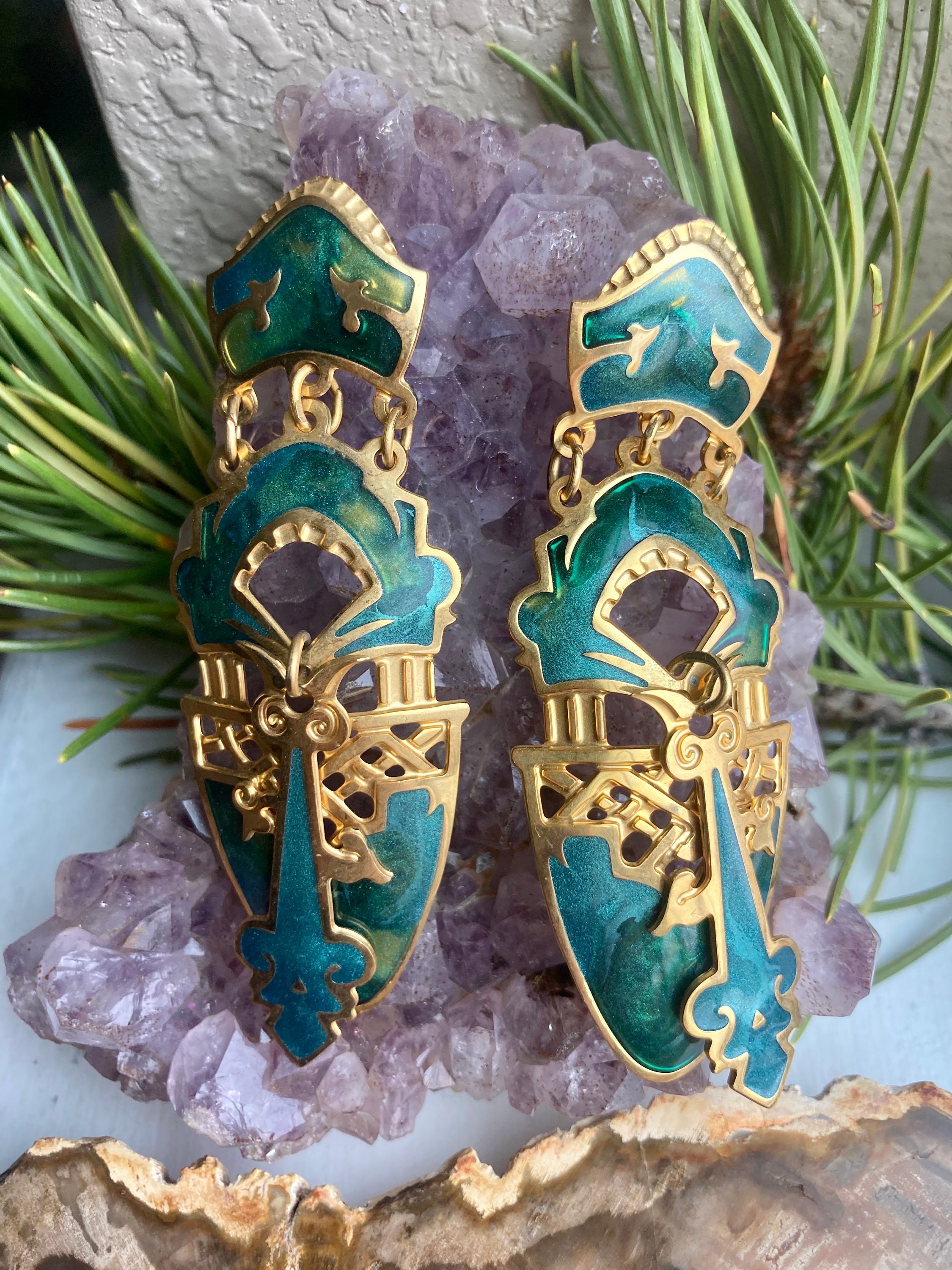 Vintage Edgar Berebi Green and Gold Dangle Earrings - Etsy