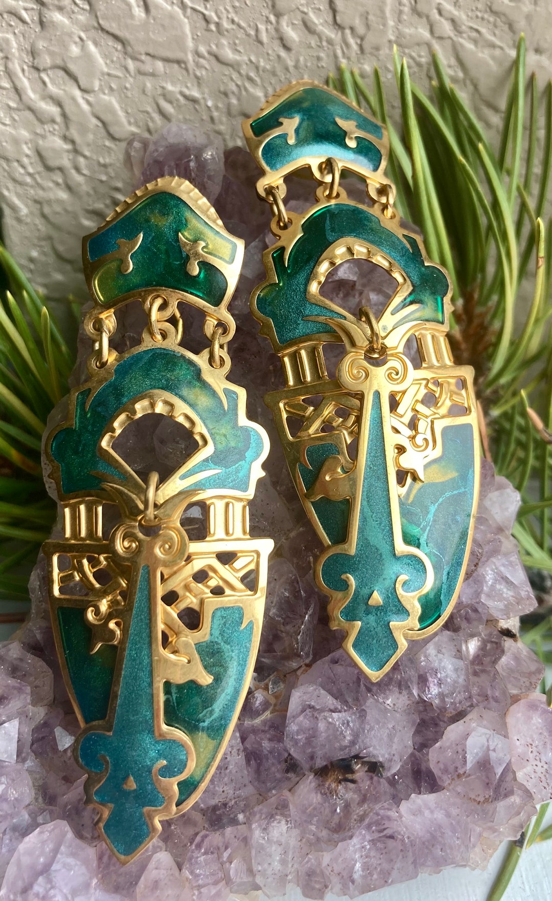 Vintage Edgar Berebi Green and Gold Dangle Earrings - Etsy