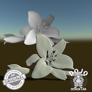 Könnte beinhalten: Ein 3D-gedrucktes Modell von zwei weißen Lilien. Die Lilien sind in einem stilisierten, fast abstrakten Design. Das Modell ist mit "All Original" und "Dojo Design Lab" beschriftet.