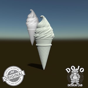 Può includere: Due coni gelato bianchi, uno davanti all'altro, su uno sfondo neutro. I coni hanno un motivo a cialda dettagliato e i riccioli di gelato sono strutturati. L'immagine include un logo che dice "All Original".
