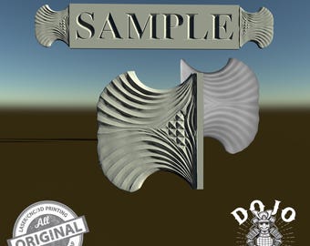 May include: A silver-colored decorative sign with the word "SAMPLE" and ornate, swirling end designs. Below, a stylized, symmetrical sculpture with layered, curved patterns. The image includes a "All Original" logo and a "Dojo Design Lab" logo.
