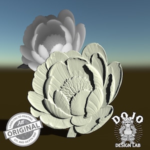 Puede incluir: Una flor blanca impresa en 3D con un diseño detallado. La flor es un modelo digital que se puede utilizar para corte por láser, mecanizado CNC o impresión 3D. La imagen incluye el texto "All Original" y "STL and Depth Map".