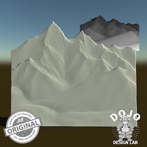 May include: A 3D printed model of a mountain range, with a light green colour. The model is labelled "All Original STL and Depth Map" and "DOJO DESIGN LAB".