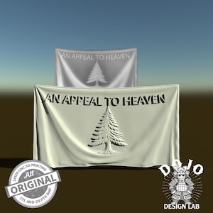 May include: A white flag with the text "An Appeal to Heaven" and a stylized pine tree design. The flag is draped over a similar flag with the same design but in a lighter shade of white.