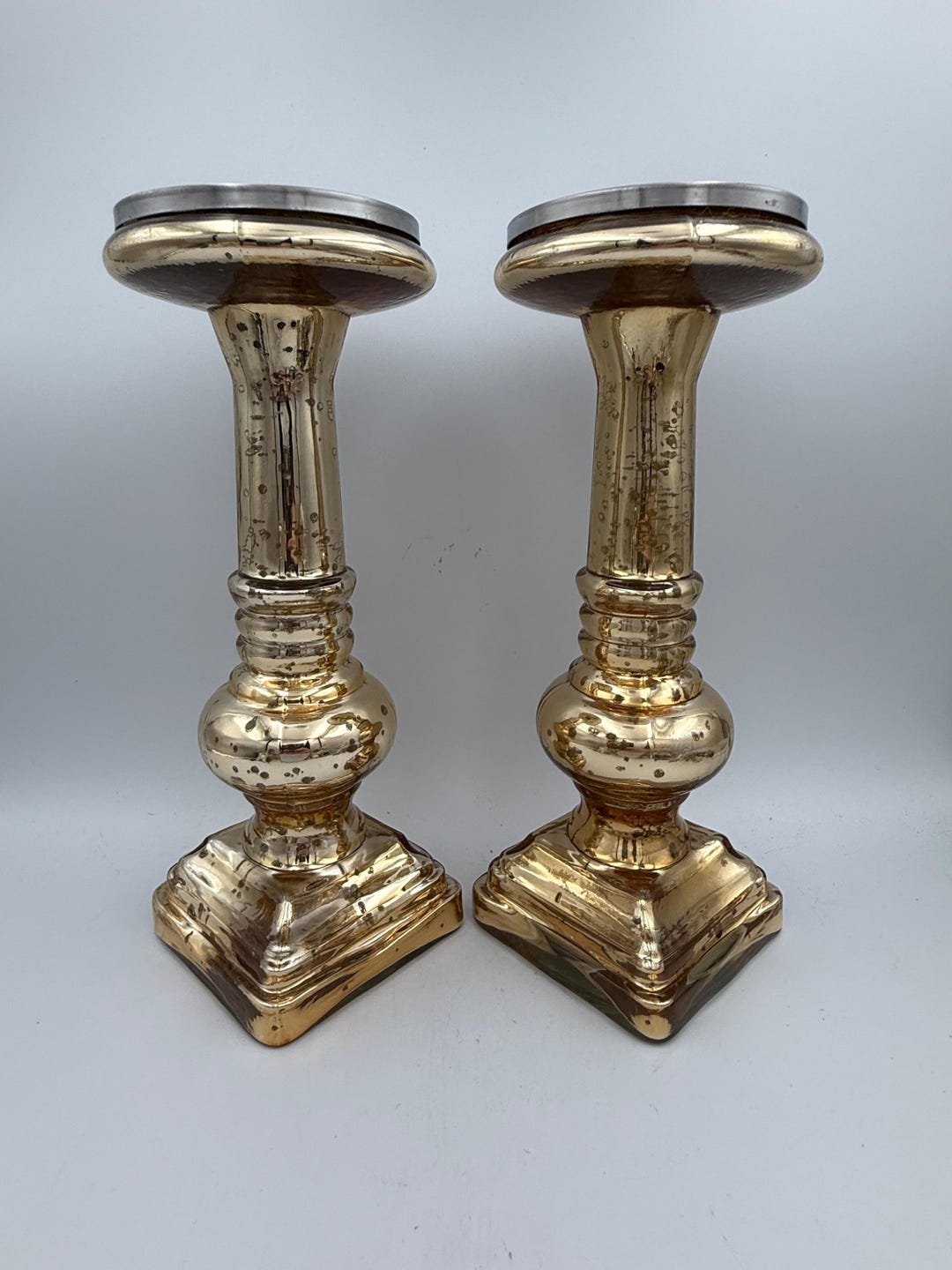 Pair of Gold Mercury Glass Pillar Candle Holders - Etsy
