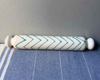 Anthropologie Ceramic Rolling Pin with Aqua Zigzag Design